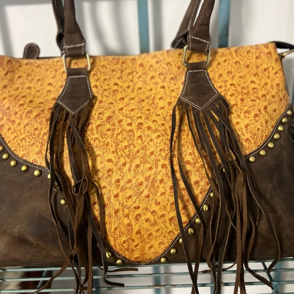 New Fall Western Genuine Ostrich Embossed Leather Rustic Crazy Horse Bag Fringe - Picture 14 of 16